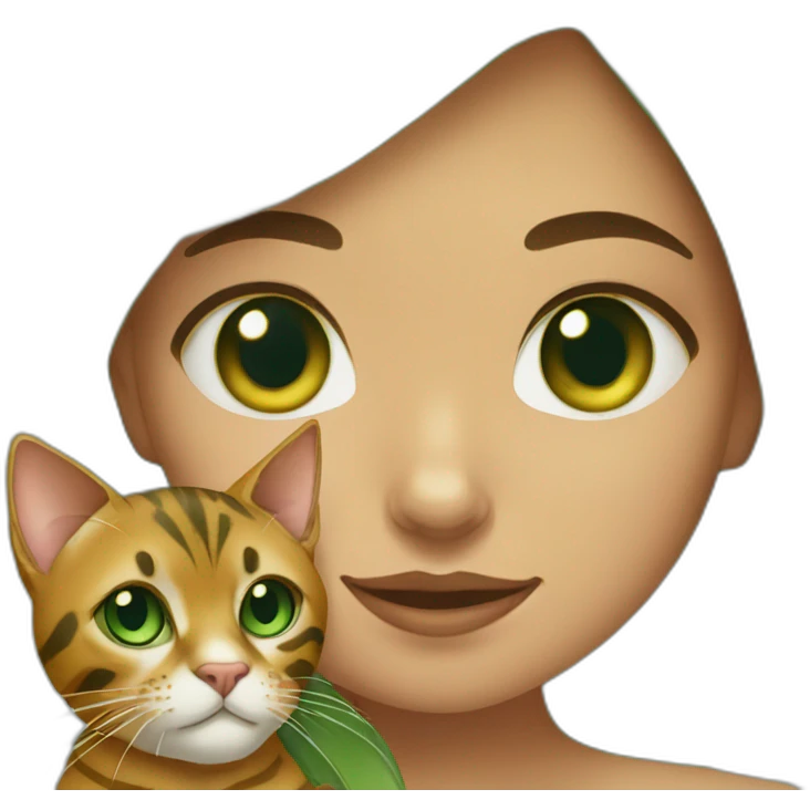 Green-eyed girl holding a green-eyed Bengal cat emoji