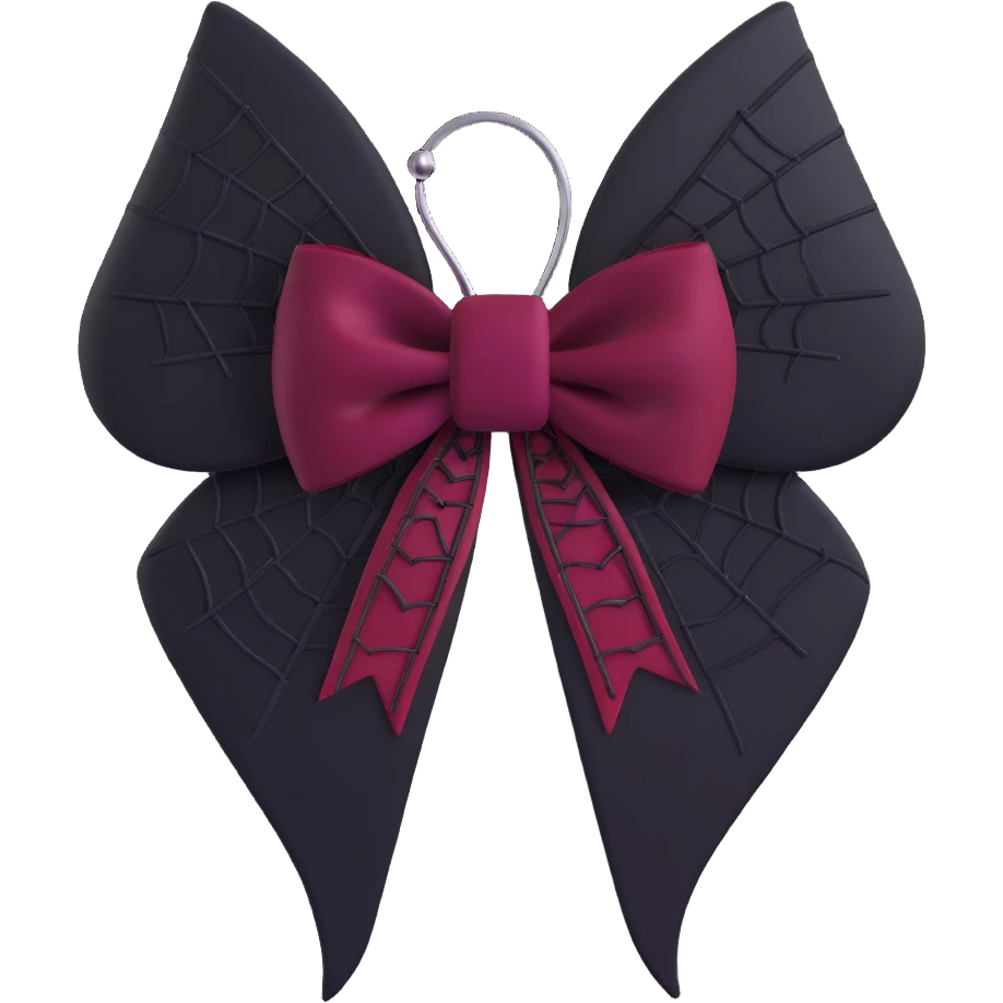 3D emoji gothic bow, dark crimson velvet, silver spiderweb brooch, and black feather accents emoji