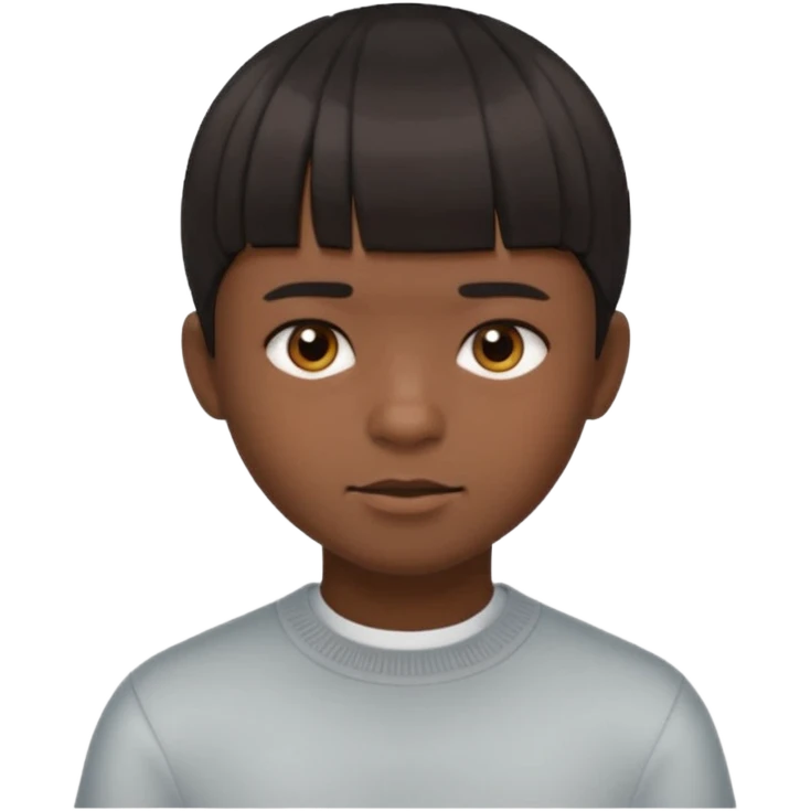 A boy no long hair À emoji that don’t smile Dark brown thick hair, short blunt fringe with straight bangs, a lot more compact textured top, evenly cut front, short tapered sides (shaved), clean modern haircut, realistic emoje style, neutral expression. emoji