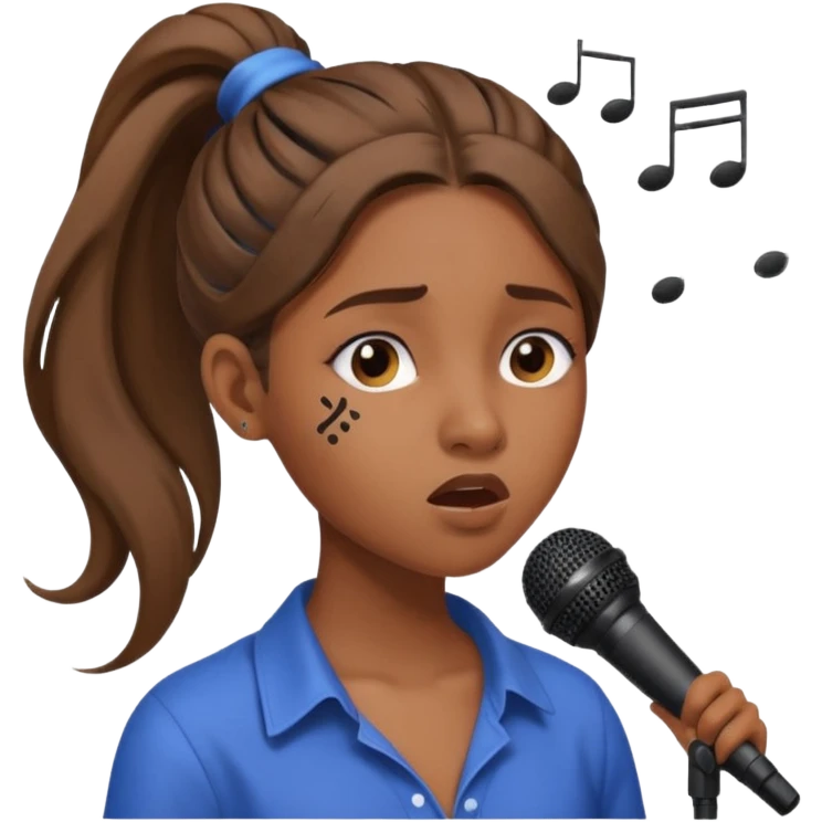 Brown skin girl with a long ponytail singing into a microphone looking sad with music notes coming out emoji