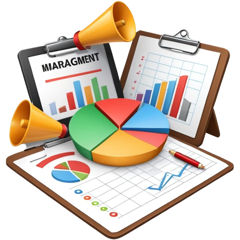 An icon featuring a pie chart, a megaphone, and a clipboard with strategy plans, symbolizing management and marketing. The design includes upward-trending graphs set against a modern office backdrop. Transparent background emphasizes business strategy and communication. emoji