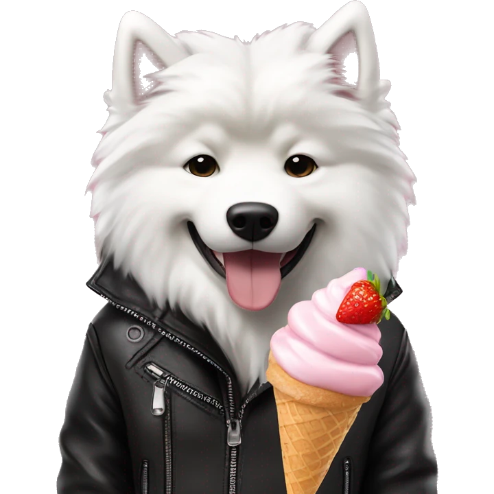 Samoyed dog eating vanila strawberry ice cream wearing black leather jacket  emoji