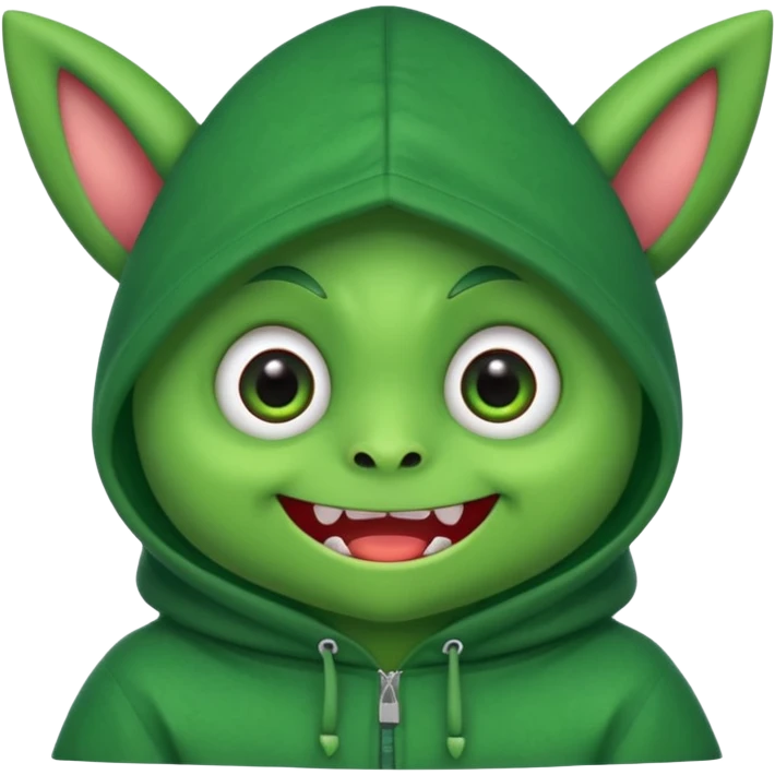 cute monster character, round face, big eyes, triangular teeth, hood with upright ears, playful and mischievous emoji