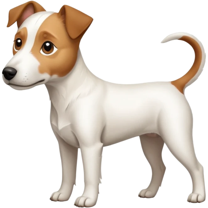 a full body large white parson russell terrier looking dog the size of a kelpie with light brown long ears and a light brown patch on one eye and a large snout emoji