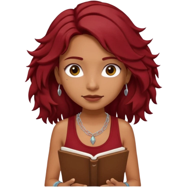 a pretty tan indian bratz girl with messy dark wavyred hair, wearing a dark red tank top, layered silver necklaces. Carrying multiple sketchbooks emoji