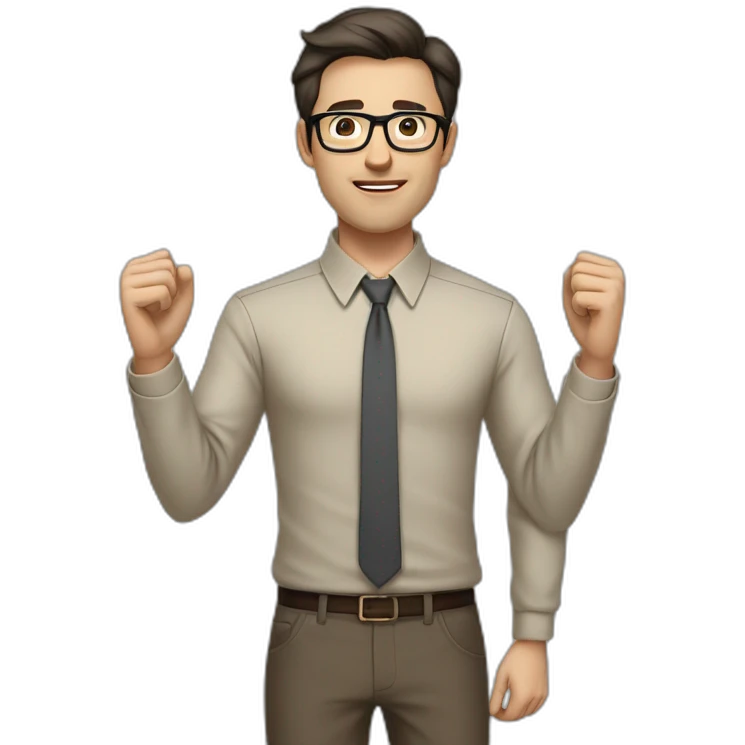Full height Actively gesturing with hands Pale skinned fit man with dark brown hair in gray jacket, beige office shirt, brown tie, brown pants and vintage glasses. emoji