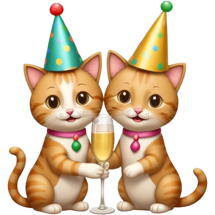 2 happy cats drinking champagne wearing party hats emoji