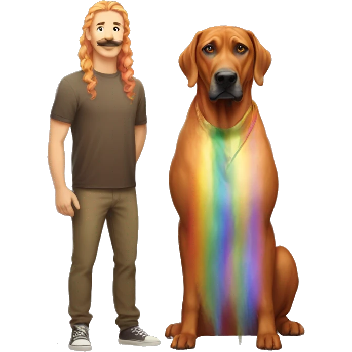 white male with long rainbow colored hair and curled mustache standing alongside a brown rhodesian ridgeback dog emoji