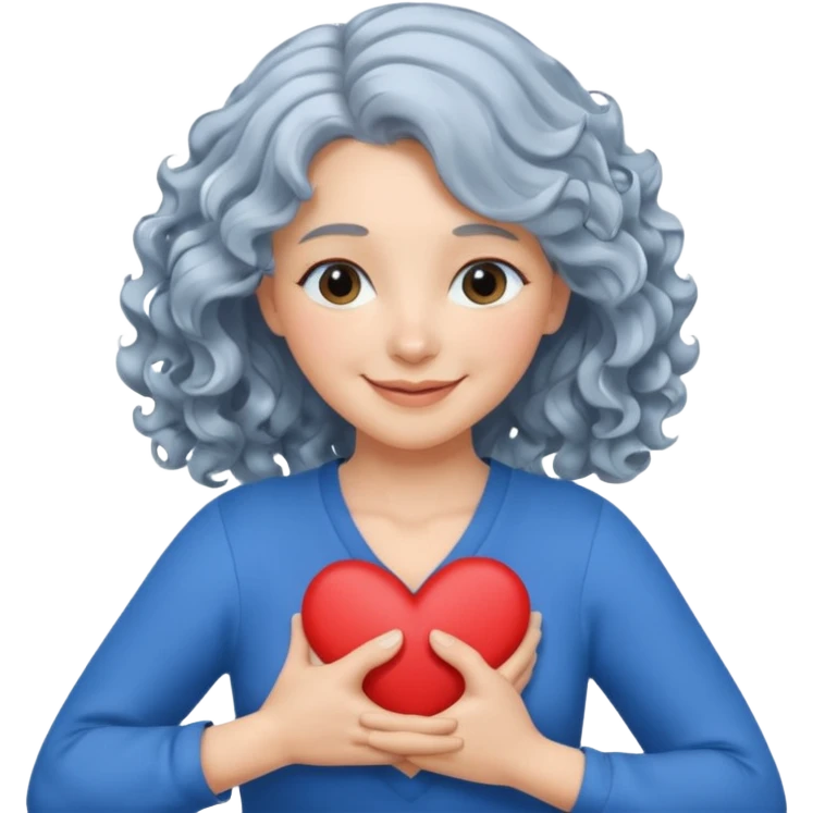 Silverhair, wavy/curly hair chin-length lady giving hug with 2 arms, blue v-neck and smiling, add a heart emoji