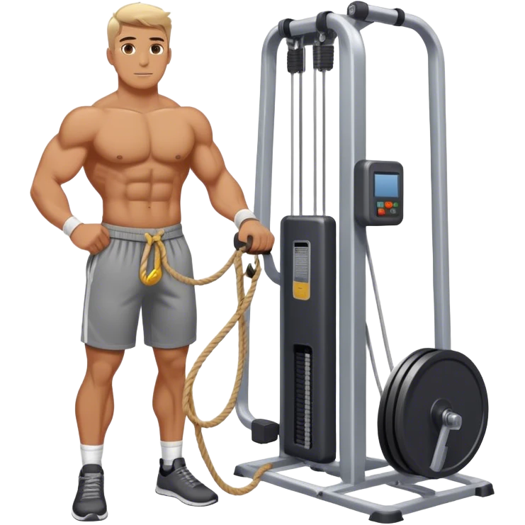 guy standing next to cable-machine with rope tied to ankle emoji