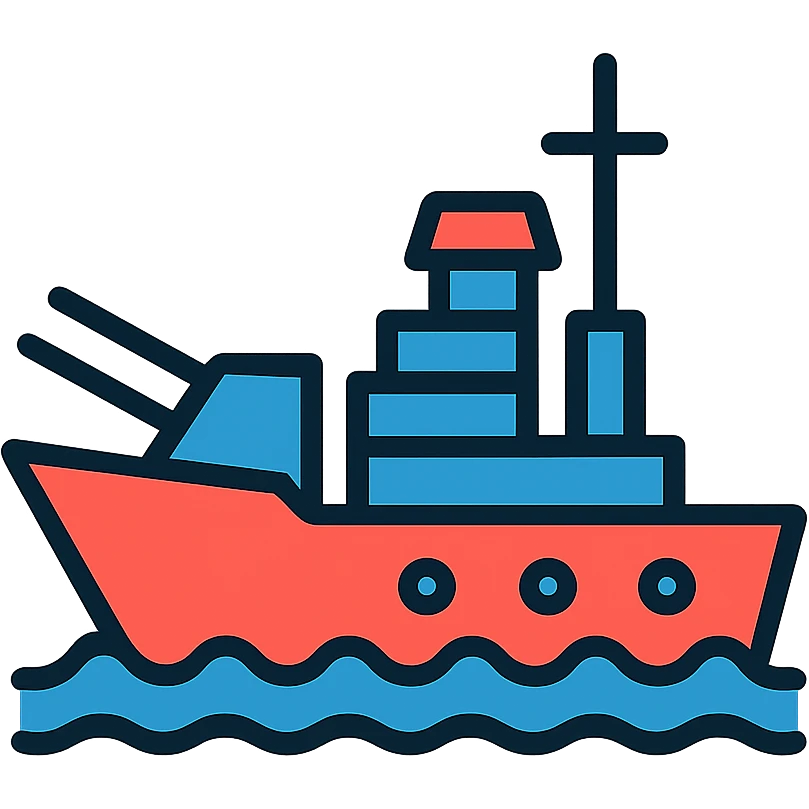 battleship icon, lineal color icon style, black outlines, minimal color accents emoji