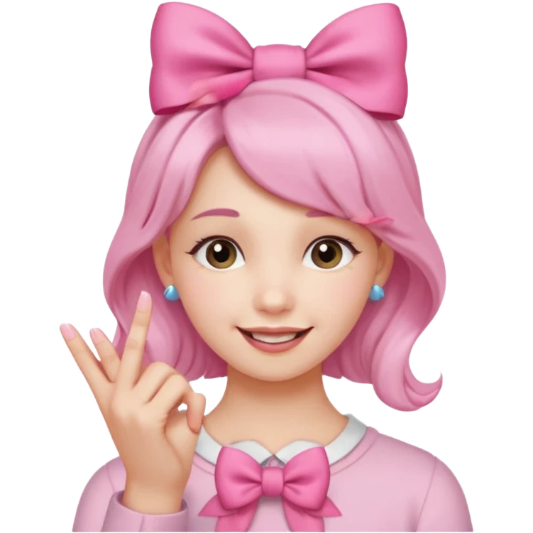 Chica sonriendo con un lazo rosa en la cabeza y mordiendose la punta del dedo indice con delicadeza y la otra mano que no salga emoji