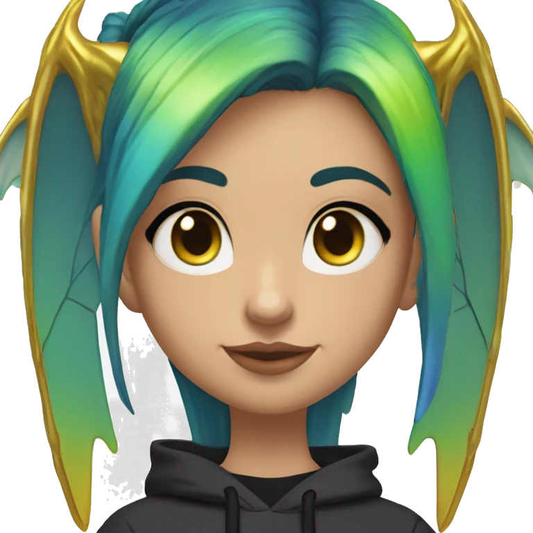 Lady with brunette and iridescent blue hair, gold, lime green dragon wings, black hoodie, oilslick holographic, black and gold Nike t shirt, and bright red eyes emoji