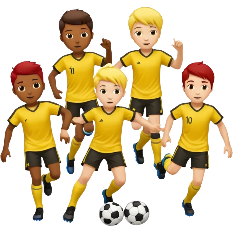 boys play soccer in yellow dress, yellow shrits, yellgow socks. others colors hair emoji