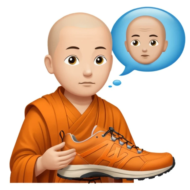 Je voudrais un moine bouddhiste avec un mulet qui pris en direction d’une paire de chaussures de trail, avec une bulle de pensée avec marqué trail emoji