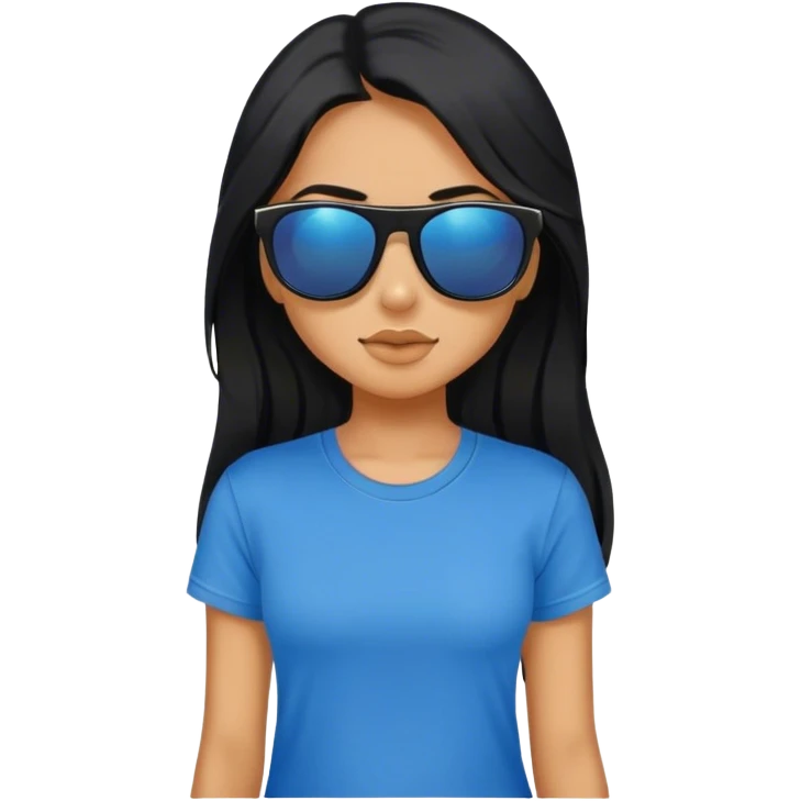 A girl with black long hair, wearing sunglasses and a blue t-shirt. emoji