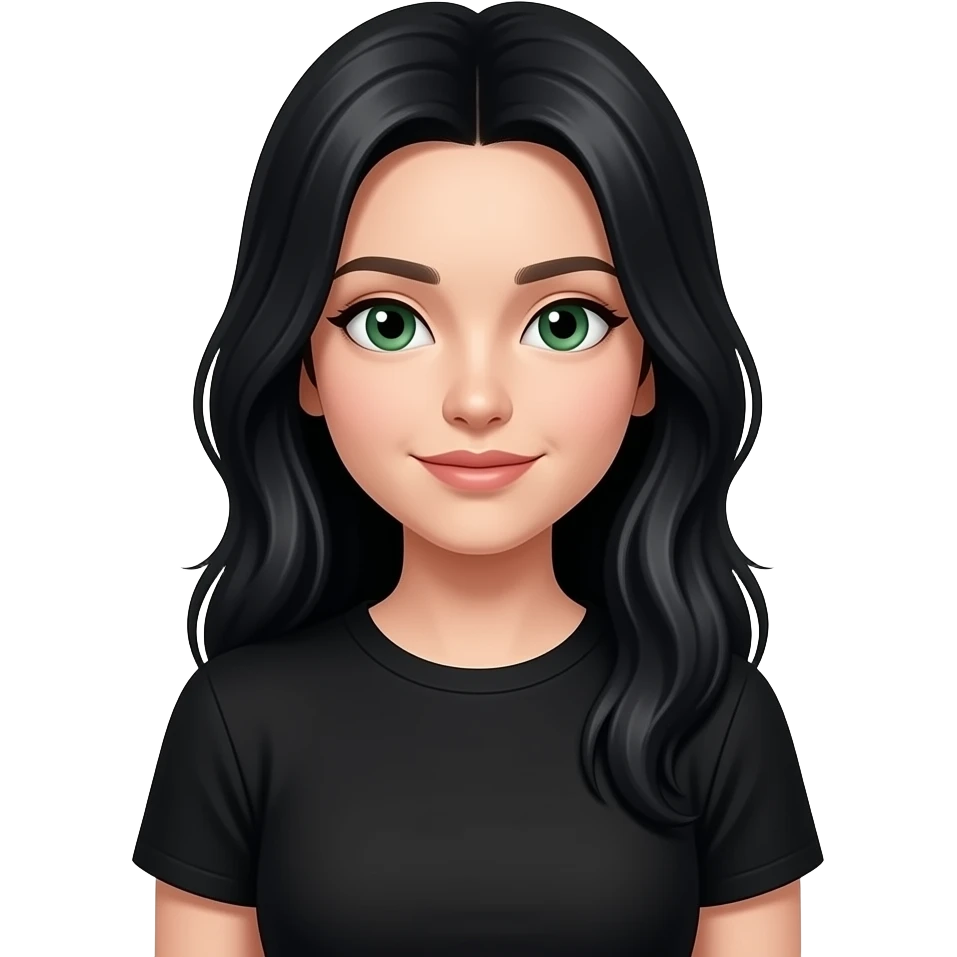 long black hair green eyes wearing black T-shirt, emoji