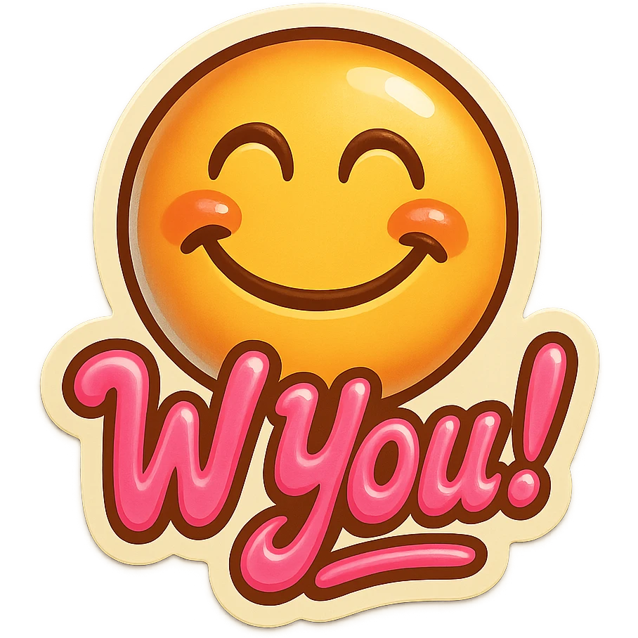 excited smile with mouth closed add the words W You! in pink emoji