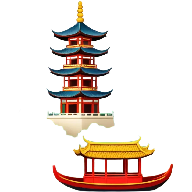Hangzhou West Lake with traditional boat and bridge, simplified emoji style with bold outlines and bright colors, cartoon style pagoda by lake emoji