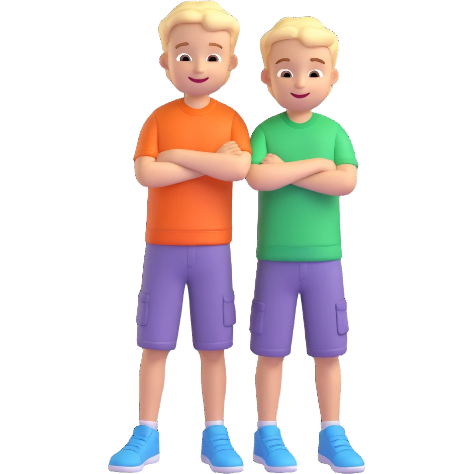 Two cartoon-style 2 boys with similar features, arms around each other's shoulders, smiling, matching outfits, standing close, white background, emoji style emoji