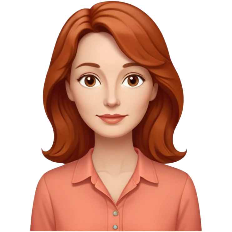 Middle-aged woman with elongated face, gentle structure, prominent cheekbones, warm expression, medium almond dark eyes, softly arched eyebrows, straight slender nose, friendly defined lips, reddish wavy hair with volume, wearing a coral-colored artistic-cut comfortable shirt emoji