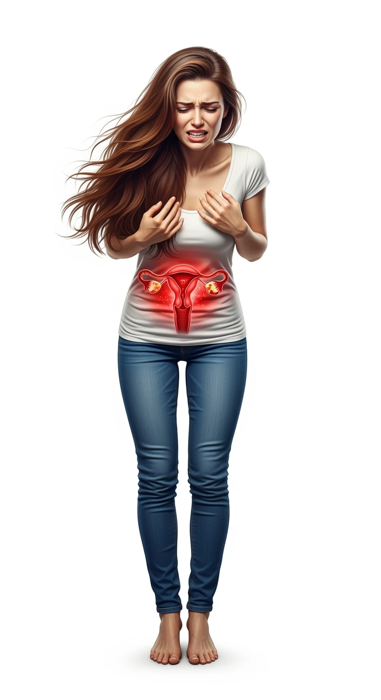donna a figura intera con utero umano realistico in evidenza dolorante, espressione di dolore in volto, sfondo bianco, non farla computerizzata, ma iperrealistica 4k emoji
