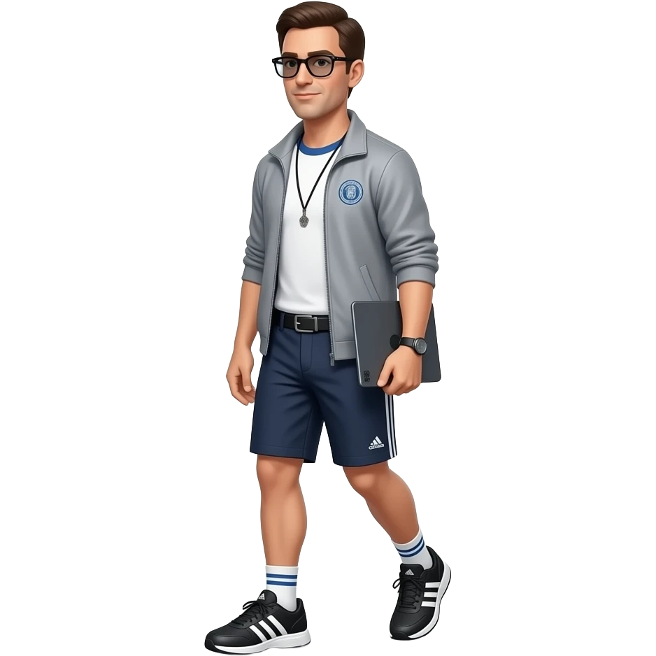 coach, white and blue raglan t shirt w/ coaches jacket old school grey with navy chinos adidas handball espezials on (black, white, gum sole) w/  microsoft surface and black wayfarers he should be walking like a coach on the sideline no necklace please and black belt emoji