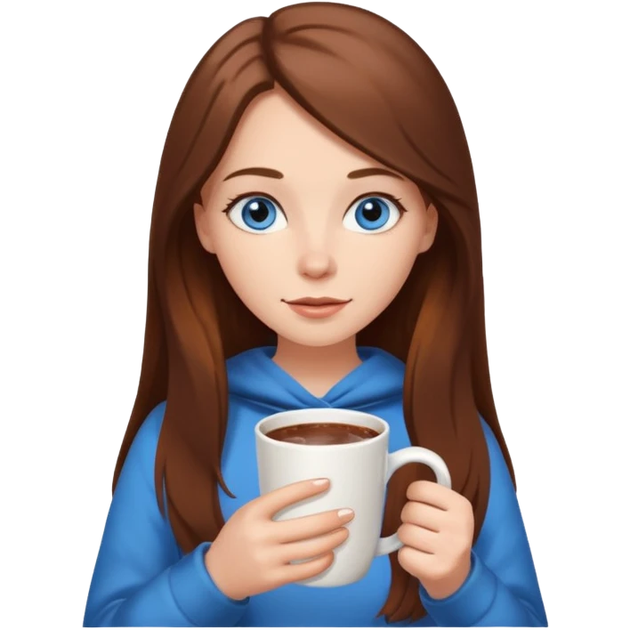 white girl with brown long hair, blue eyes and a hot chocolate emoji