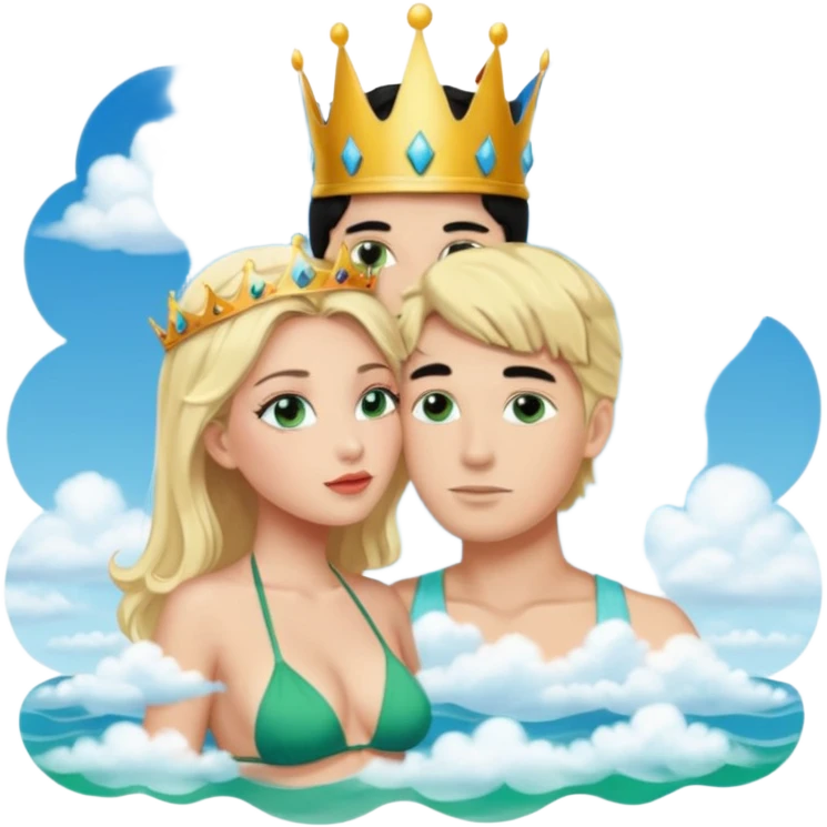 Blonde Queen with crownGreen eyes in Bikini kissing Male subject without crown black hair blue eyes Background clouds emoji