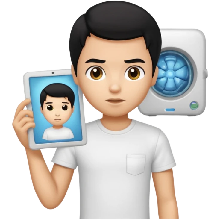 generate a pretty bratz emoji of a boy with black hair wearing a white tshirt and holding a cT emoji