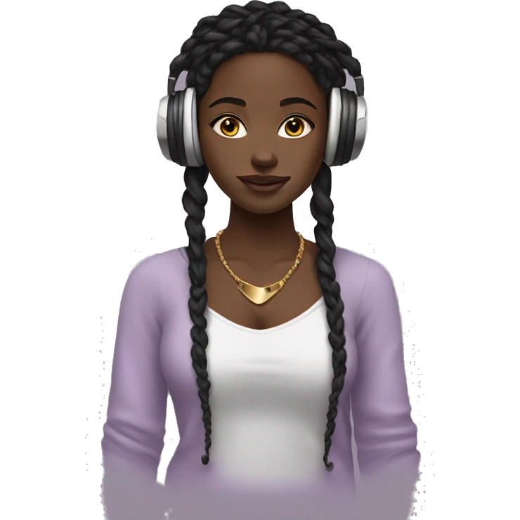 African girl. Black long twists. Wearing white headphones. Listening to music. Wearing a light purple v neck top. Gold Jewelry. Makeup. Blush. emoji