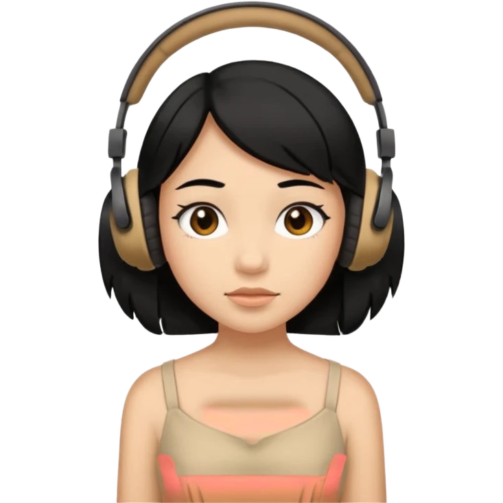 Black hair Girl wearing beige dress and  small ugly headphones  emoji