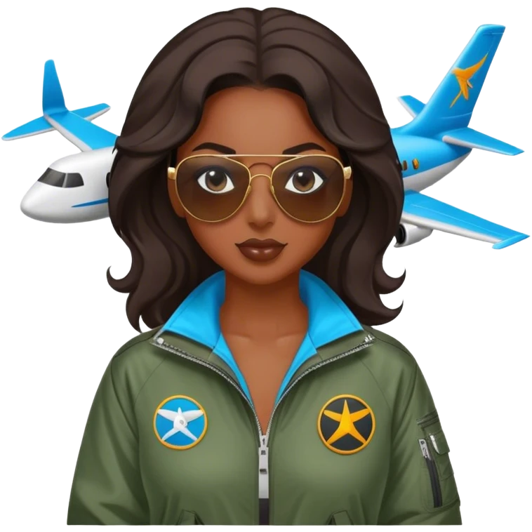 Hot black chick with aviator, sunglasses and airplane windbreaker emoji