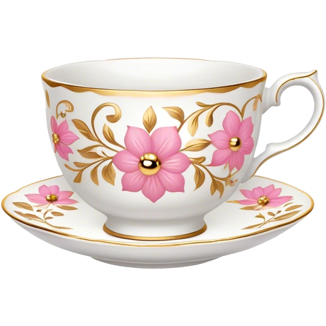 White porcelain teacup with pink and gold details emoji
