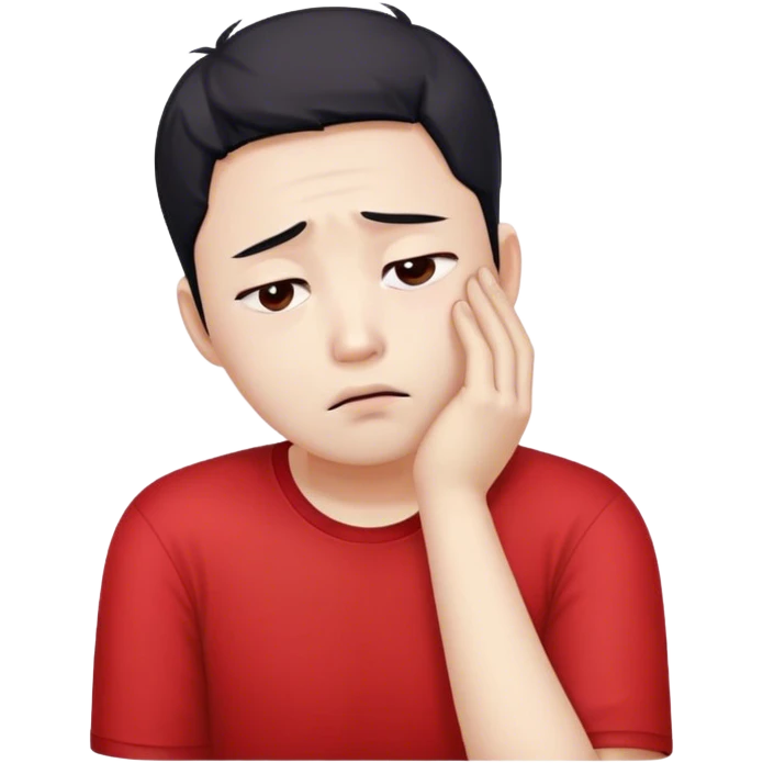 A worried white skin Korean man in a red shirt, resting his head on one hand emoji