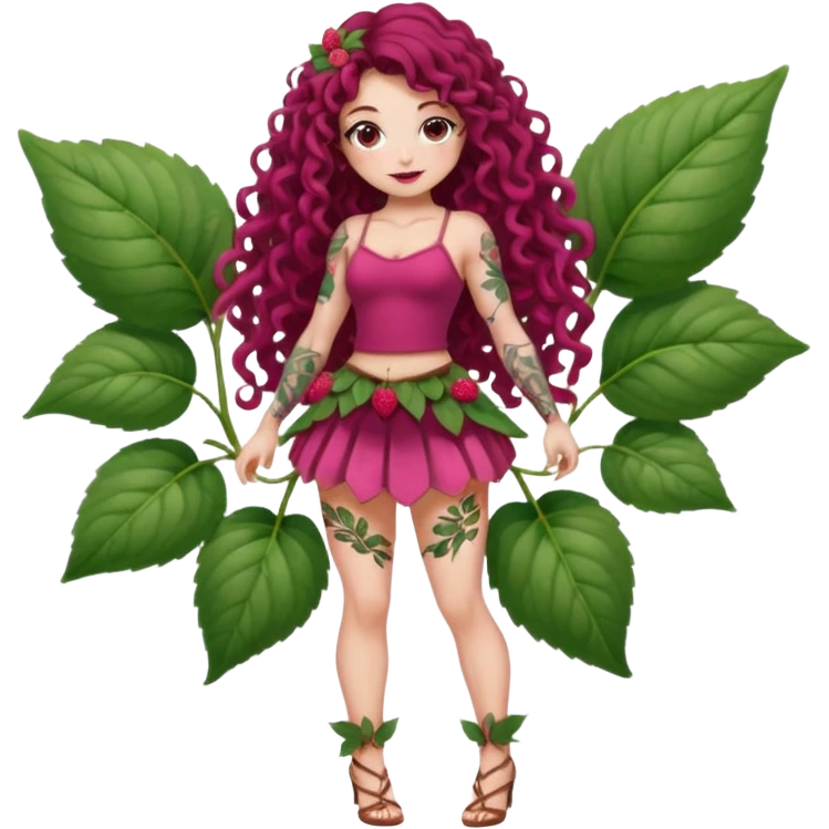 full body woman long curly brown hair brown eyes white skin tattoos muscular build raspberry fairy outfit, petal skirt, thigh vines emoji