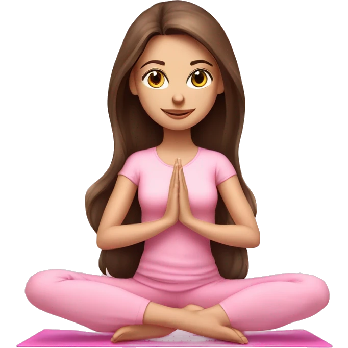 Brunette long hair and blue blue eyes yoga beautiful girl in light pink pink pink clothes sitting on a yoga mat emoji