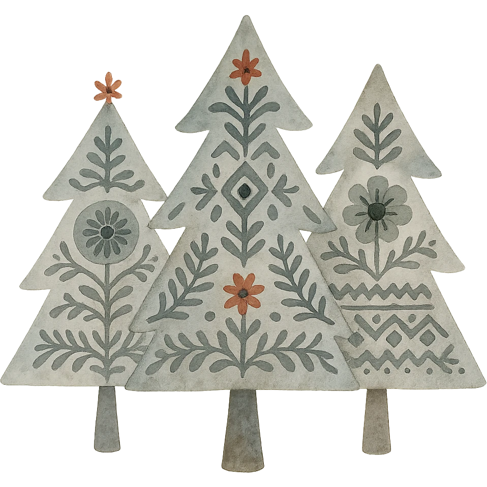 logo style illustration of evergreen trees, blending Scandinavian and Slavic folk motifs, dark neutral color tones, watercolor texture, transparent background, suitable for favicon emoji