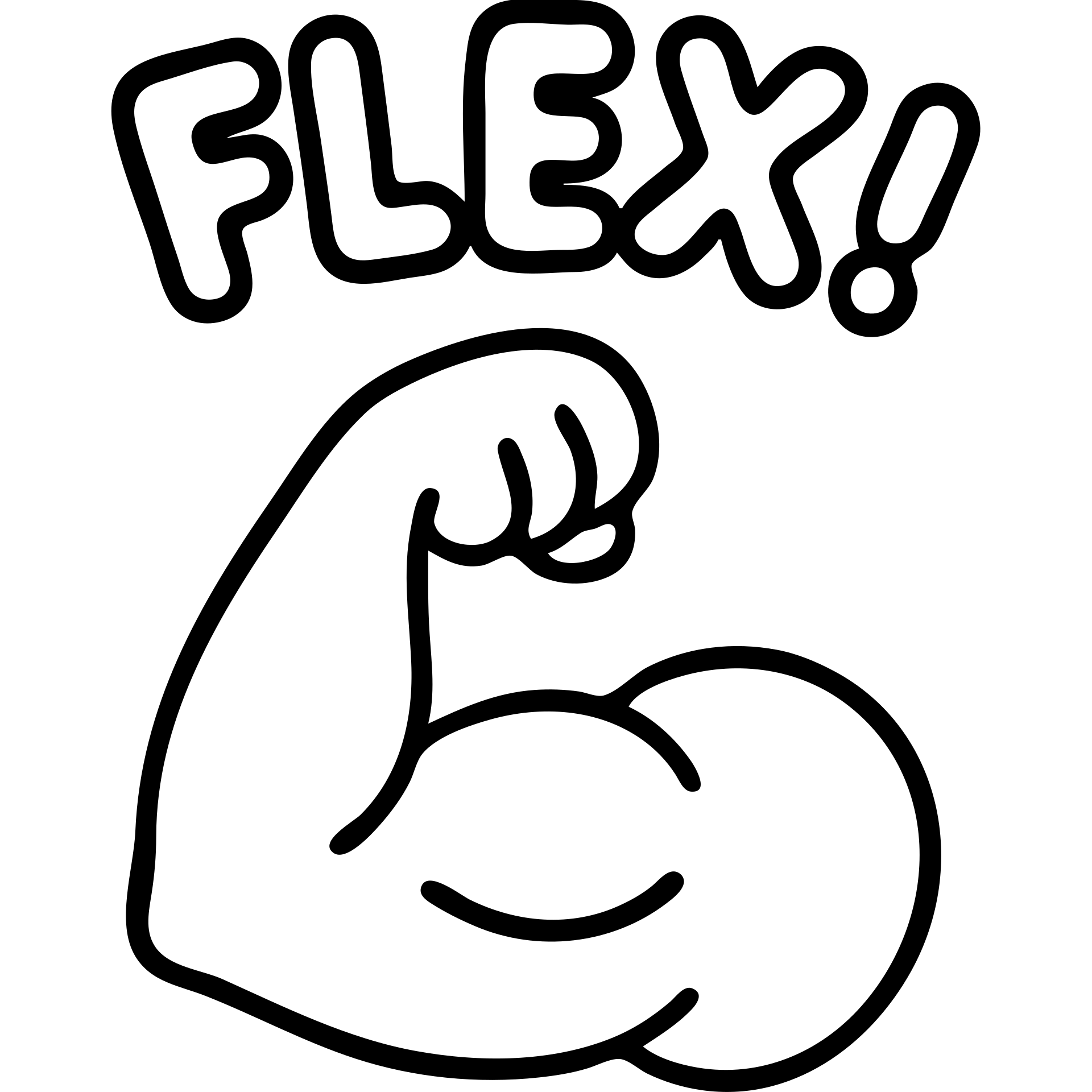 cartoon flexing bicep with ‘FLEX!’ above it in chunky, playful letters, strong black outline, simple color palette, designed for chat emoji use emoji