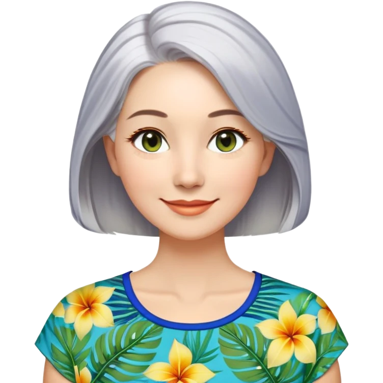 A woman with light complexion, oval face with soft rounded features, full cheeks, gentle almond-shaped eyes with subtle smile lines, longer back length silver-gray hair parted to the side, wearing a vibrant short-sleeved blouse with tropical print in blue, green, and yellow, exuding warmth and joy. emoji