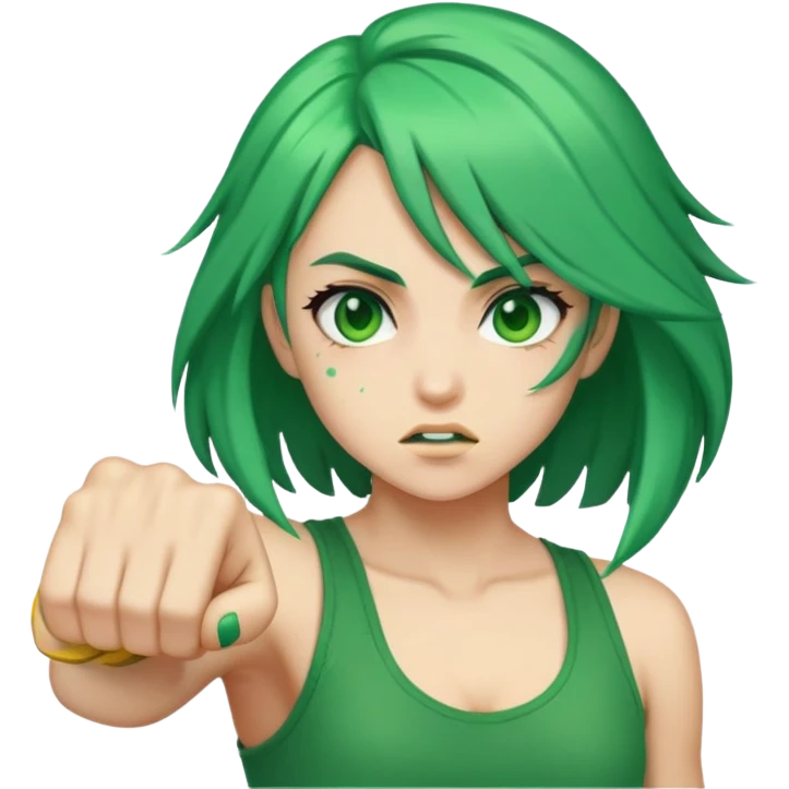A girl with green hair punching emoji