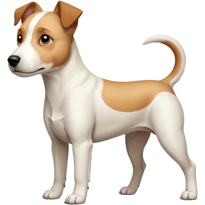 a full body facing front on of a buff white parson russell terrier looking dog the size of a kelpie with light brown long ears resting on its face and a light brown patch on one eye and a large snout. the rest of the dog is completely white.  emoji
