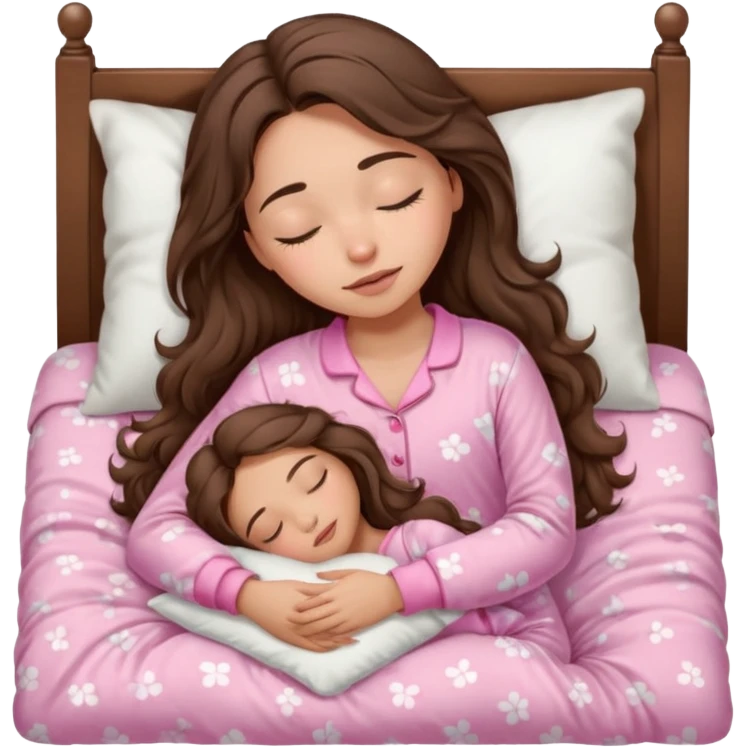 Brunette girl with long wavy brown hair with brown eyes and sleeping on a withe bed with cute pink pjs (just one girl) and with closed eyes emoji