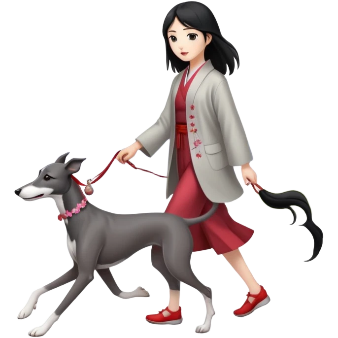 Japanese girl with flowing hair walking a solid grey greyhound with cherry blossoms in the background emoji
