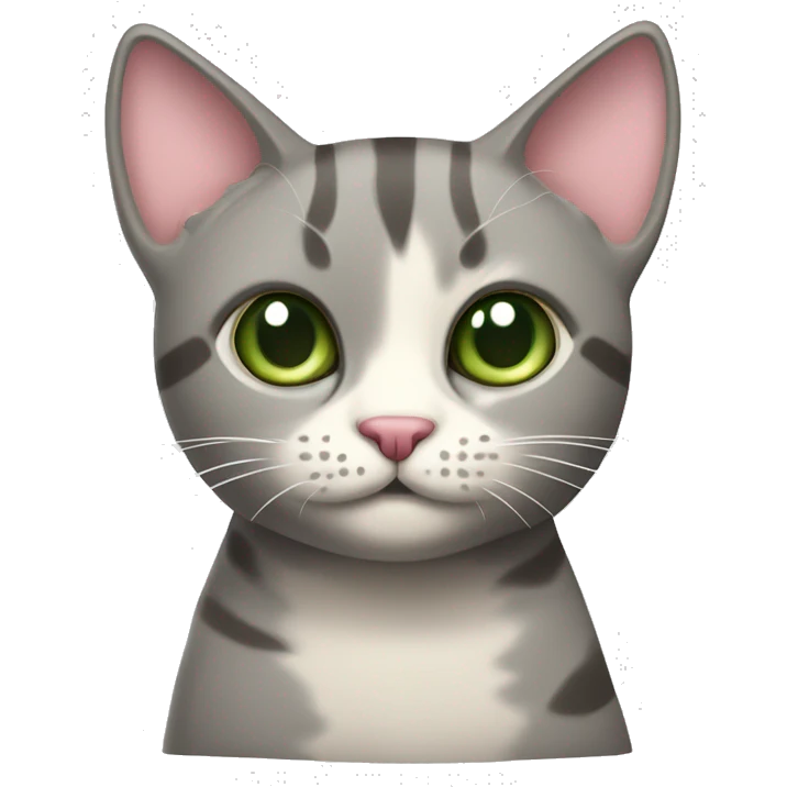 grey and tan cat with cream pattern on her forehead. Green eyes and a pink nose emoji