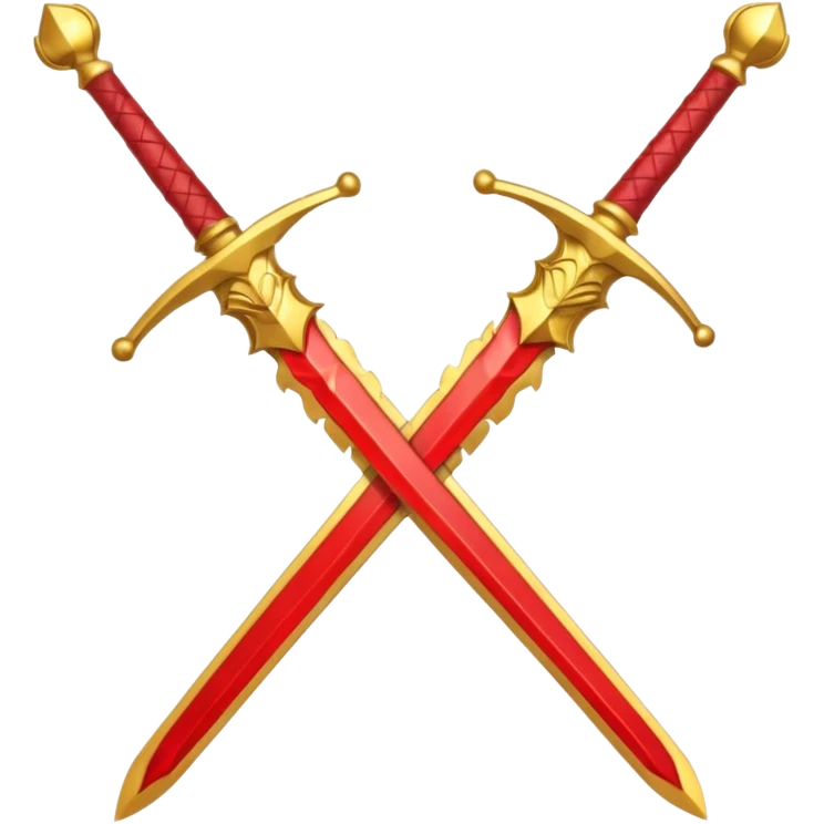 Two crossed swords that are golden in blade and handle and have fiery and royal appearence to them as well as red gem stones yellow in color emoji