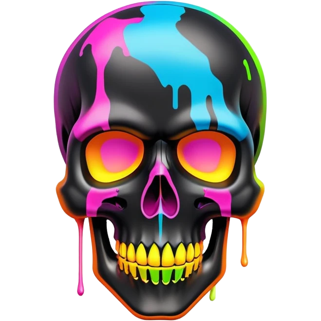 sleek black skull with vibrant neon graffiti tags and famous luxury brand logos spray painted, front view emoji