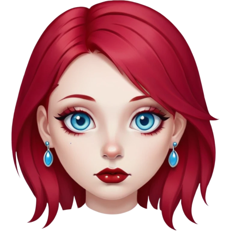 girl with cherry-red hair, blue eyes, little of dark red eyeshadows, with side labret and septum piercings  emoji