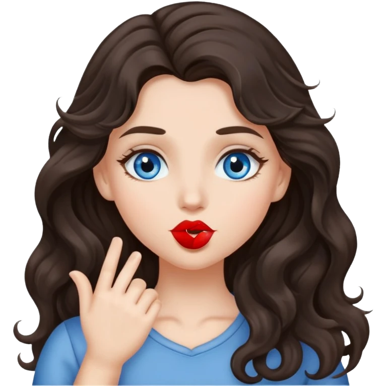 A girl with long, dark brown, wavy hair, grey-blue eyes, Sends a kiss emoji