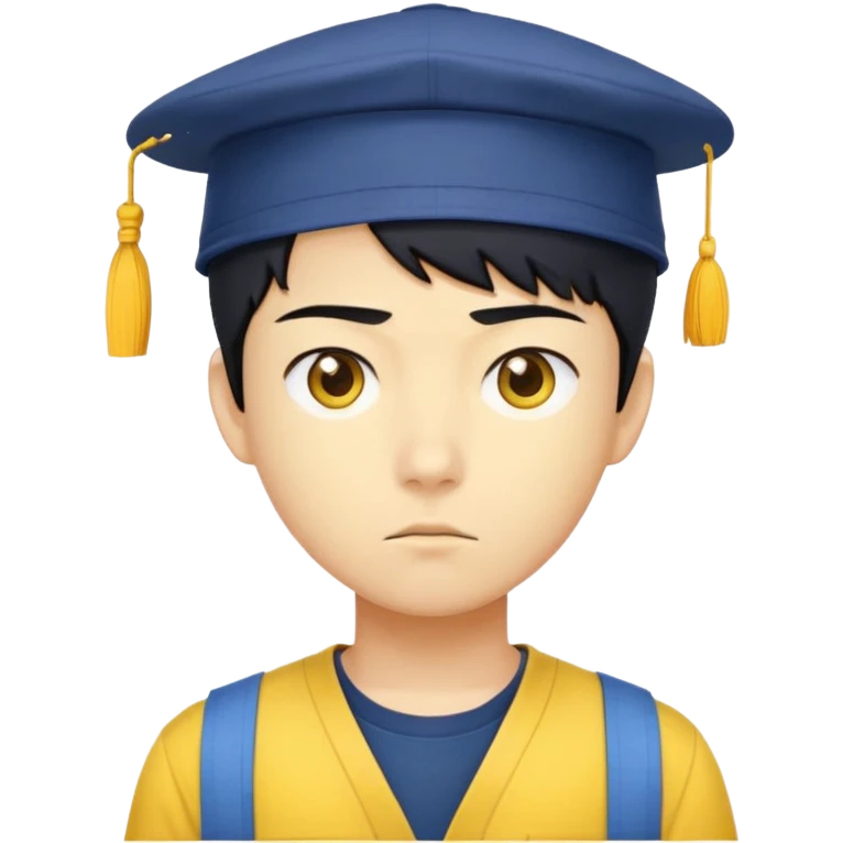 nam 20 tuổi, da vàng, tóc ngắn màu đen, đội mũ màu vàng, mặt nghiêm túc, áo xanh đậm, nửa thân trên emoji